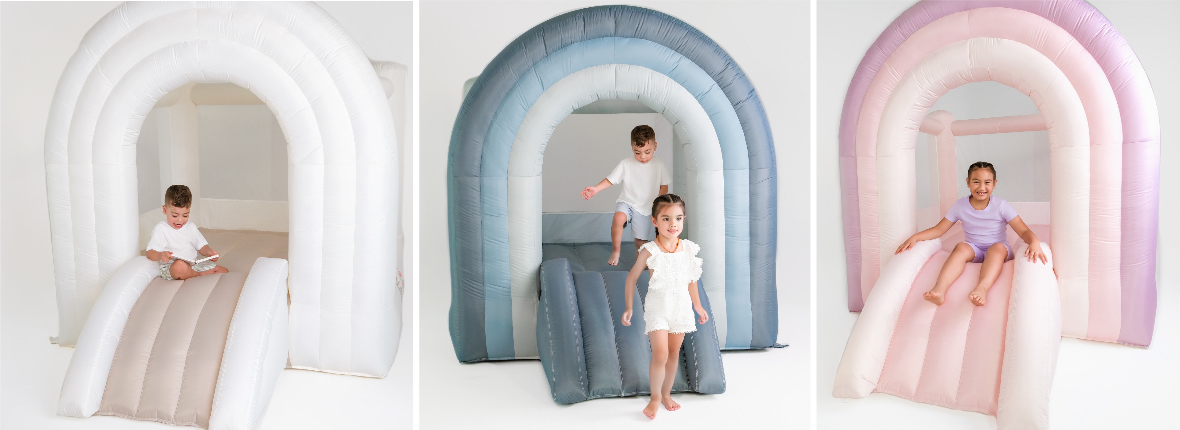 A collage of three images showing children playing on a bounce house. The bounce house is designed with a rainbow arch and is presented in three color options: white, blue, and pink.